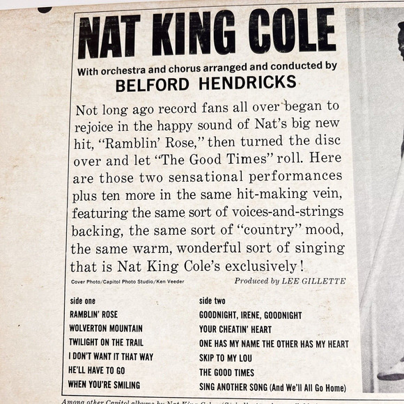Nat King Cole Ramblin Rose Capitol Records 1962 Adult Easy Listnening LP Vinyl - Picture 3 of 3